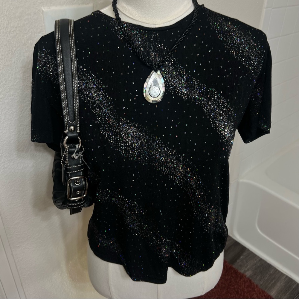 Bentley black silver sparkly shimmery short sleeve top galaxy grunge goth party